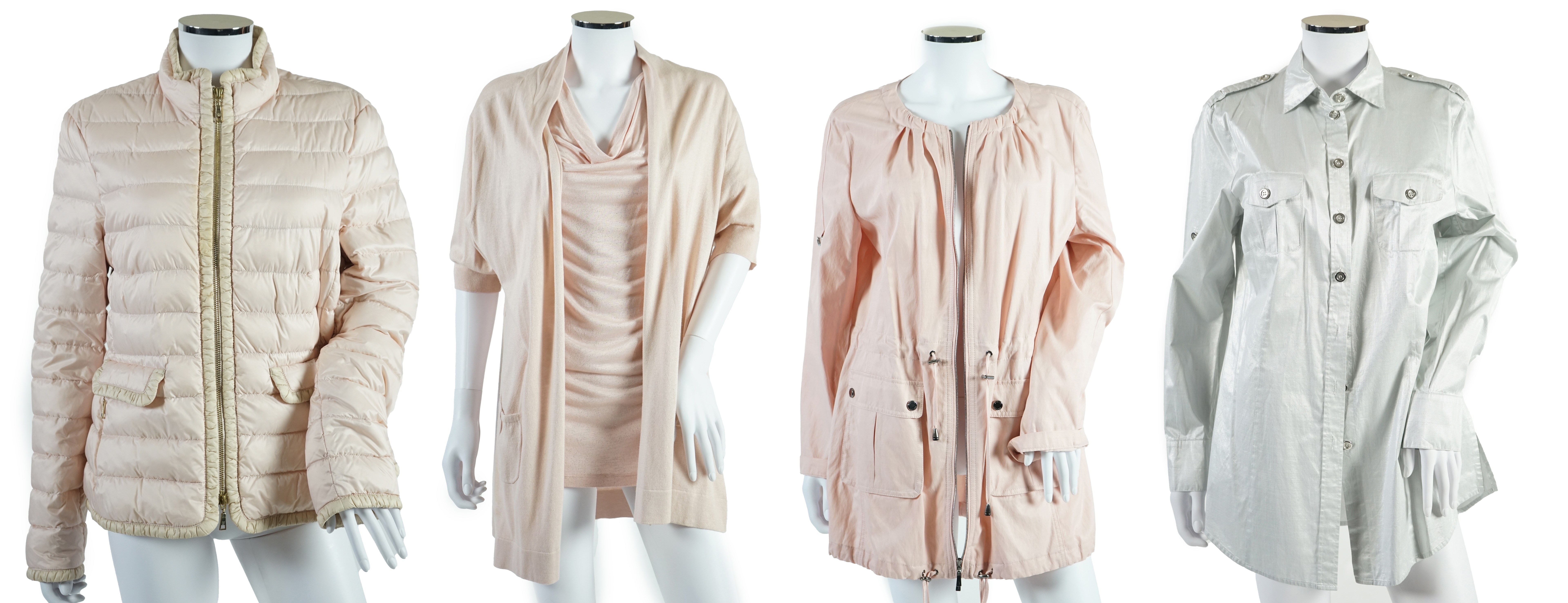 A Basler lady's pink down jacket, another coat with matching cardigan, a long sleeve t-shirt and a metallic silver shirt. Approx sizes 14-16 Proceeds to Happy Paws Puppy Rescue